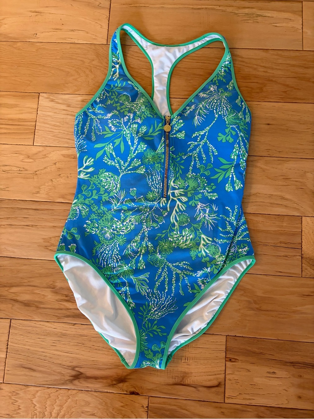 Lilly Pulitzer Blue & Green Floral Front-Zip Racerback One-Piece